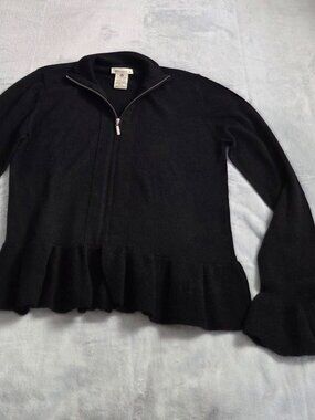 Silvana Extra Fine Merino Wool Black Zip Cardigan Sweater Bell Sleeve M Italy